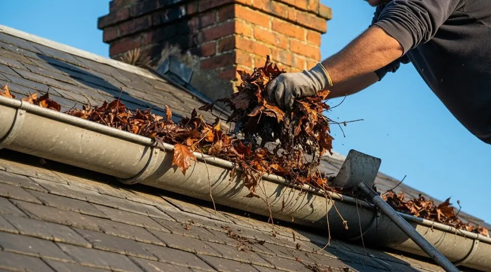 Nettoyage d’une gouttière encombrée de feuilles